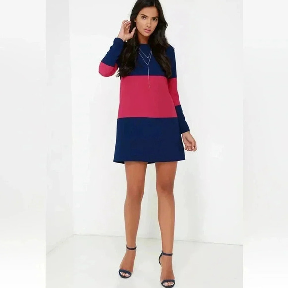 BB Dakota Dirk Long Sleeve Color Block Shift Dress Plus Size 1X Navy & Red Berry - Picture 3 of 9
